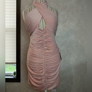 Lulu’s Shimmer and Glam Sparkly Light Pink Ruched Bodycon Mini Dress - Size L